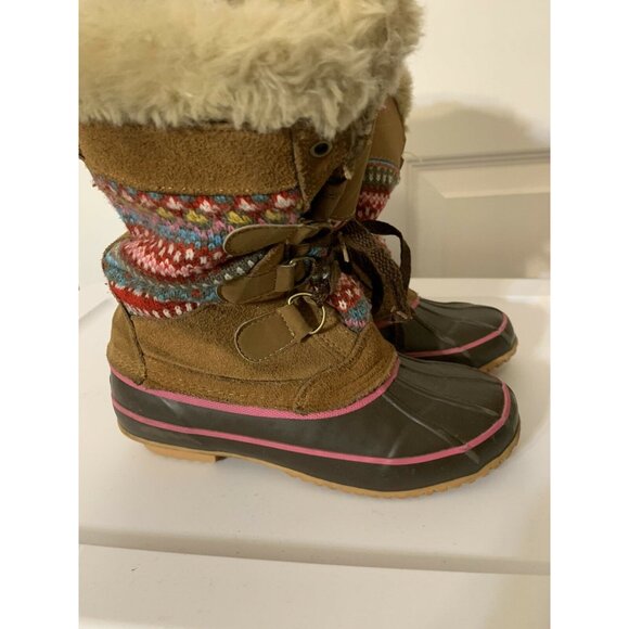 KHOMBU Sweater Duck Boot Leather Aztec Faux Fur Lace Up Tan Women SIZE 4 - Picture 4 of 6